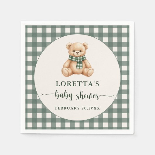 Cute Teddy Bear Rustic Green Plaid Baby Shower  スタンダードカクテルナプキン (正面)