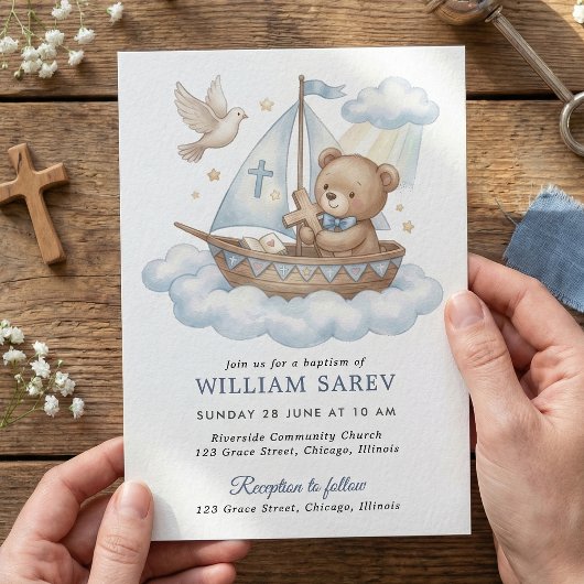 Cute Teddy Bear Sailboat Baptism Invitation Design 招待状