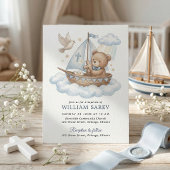 Cute Teddy Bear Sailboat Baptism Invitation Design 招待状