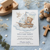 Cute Teddy Bear Sailboat Baptism Invitation Design 招待状
