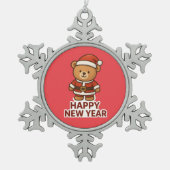 Cute Teddy Bear Santa Happy New Year Sticker スノーフレークピューターオーナメント (正面)