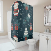 Cute Teddy Bear & Santa on Dark Green (1) シャワーカーテン (インサイチュ)