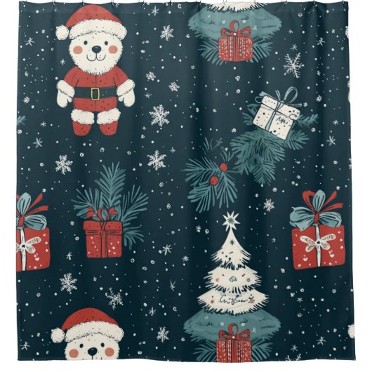 Cute Teddy Bear & Santa on Dark Green (1) シャワーカーテン (正面)