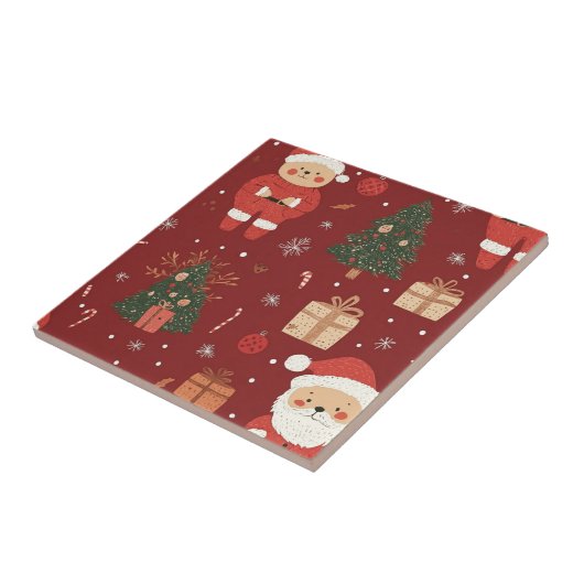 Cute Teddy Bear & Santa on Red (2) タイル (側面)