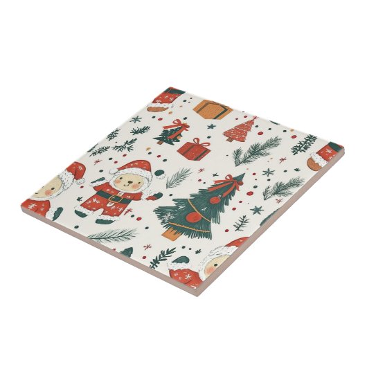 Cute Teddy Bear & Santa on White (1) タイル (側面)