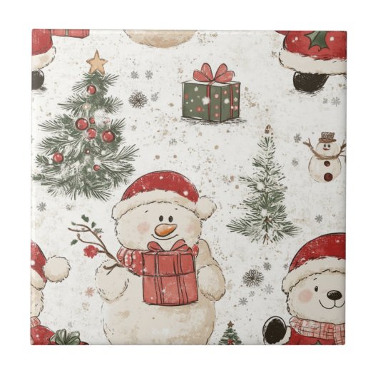 Cute Teddy Bear & Santa on White (2) タイル (正面)