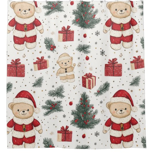 Cute Teddy Bear & Santa on White (3) シャワーカーテン (正面)