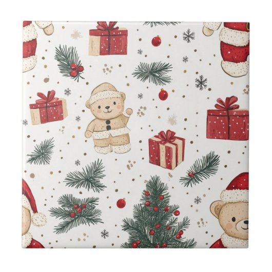 Cute Teddy Bear & Santa on White (3) タイル (正面)