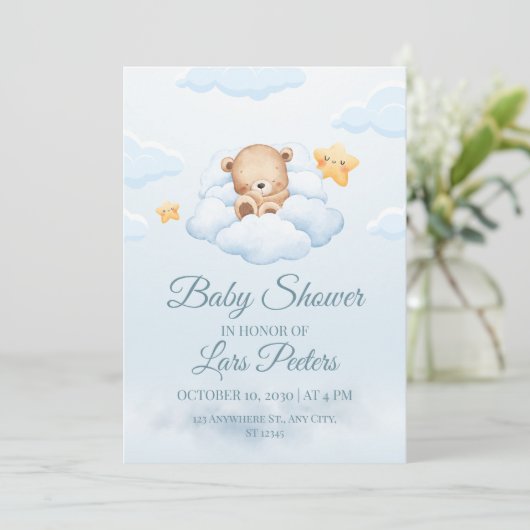 Cute Teddy Bear Sleeping on Cloud Baby Shower Invi 招待状 (スタンド正面)