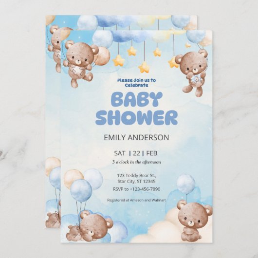 Cute Teddy Bear Twinkle Little Star 招待状 (正面/裏面)