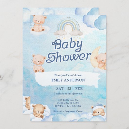 Cute Teddy Bear Twinkle Little Star Cloud 招待状 (正面/裏面)