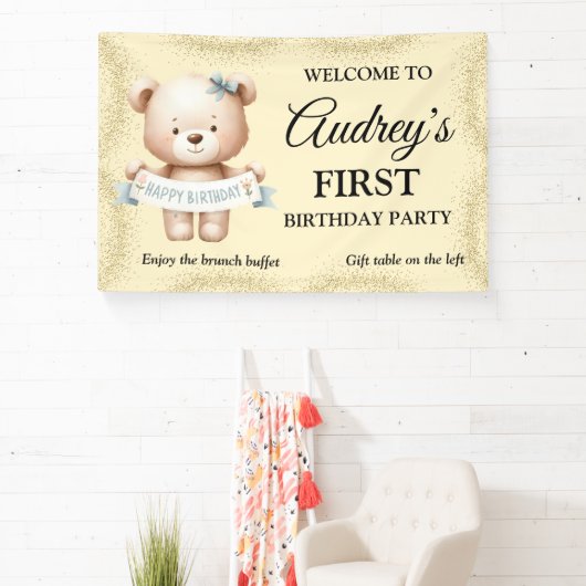 Cute Teddy Bear with any Age Brithdayバナー 横断幕 (インサイチュ)