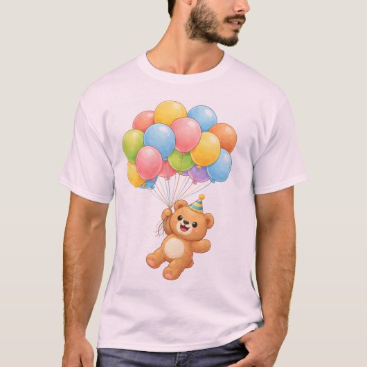 Cute Teddy Bear with Balloons Birthday T-Shirt Tシャツ (正面)