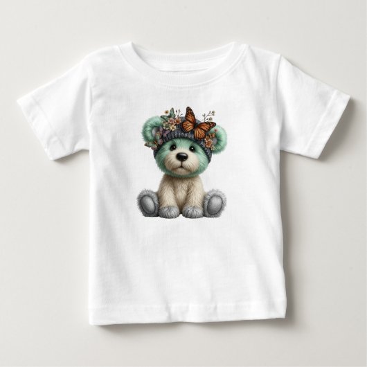 Cute Teddy Bear with Butterflies Floral Plush ベビーTシャツ (正面)