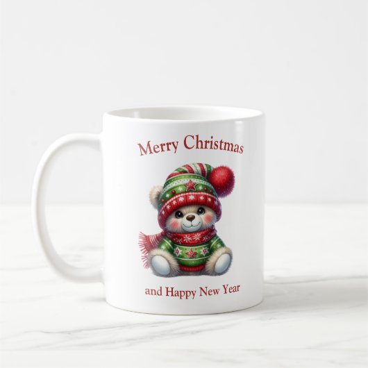 Cute teddy bear with Christmas sweater and hat コーヒーマグカップ (左)