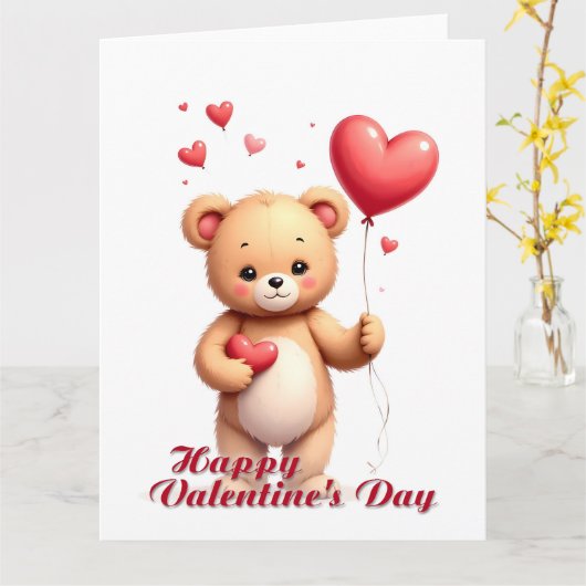 Cute Teddy Bear with Heart – Happy Valentine’s Day カード (黄色い花)