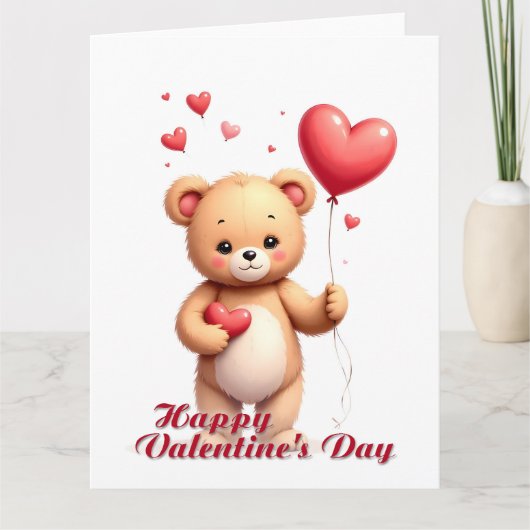 Cute Teddy Bear with Heart – Happy Valentine’s Day カード (正面)