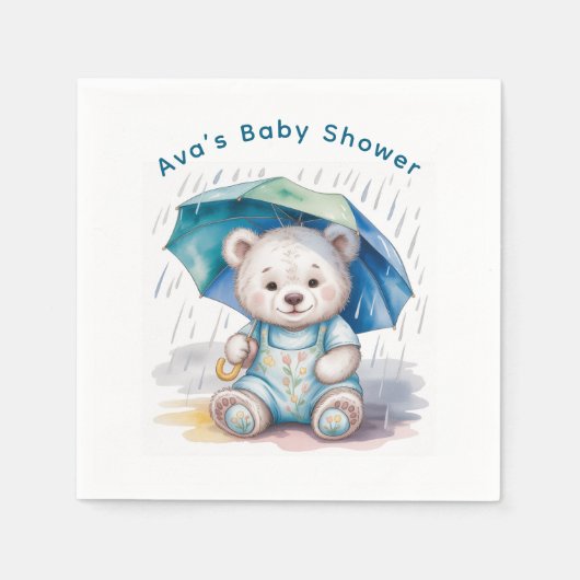 Cute Teddy Bear With Umbrella Boy Baby Shower スタンダードカクテルナプキン (正面)