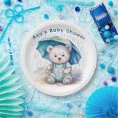 Cute Teddy Bear With Umbrella Boy Baby Shower ペーパープレート (パーティー)