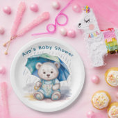 Cute Teddy Bear With Umbrella Boy Baby Shower ペーパープレート (パーティー)