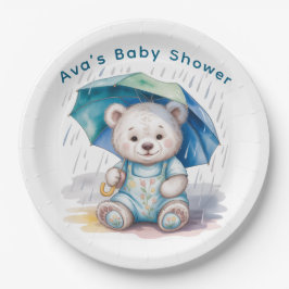 Cute Teddy Bear With Umbrella Boy Baby Shower ペーパープレート