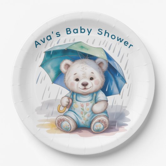 Cute Teddy Bear With Umbrella Boy Baby Shower ペーパープレート (正面)