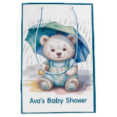 Cute Teddy Bear With Umbrella Boy Baby Shower ミディアムペーパーバッグ (正面)