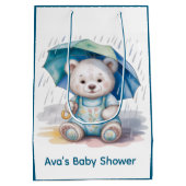 Cute Teddy Bear With Umbrella Boy Baby Shower ミディアムペーパーバッグ (裏面)