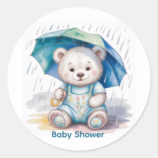 Cute Teddy Bear With Umbrella Boy Baby Shower ラウンドシール (正面)