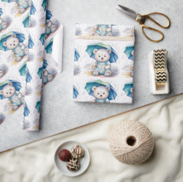 Cute Teddy Bear With Umbrella Boy Baby Shower ラッピングペーパー