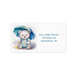 Cute Teddy Bear With Umbrella Boy Baby Shower ラベル