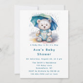 Cute Teddy Bear With Umbrella Boy Baby Shower  招待状 (正面)