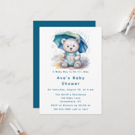 Cute Teddy Bear With Umbrella Boy Baby Shower  招待状