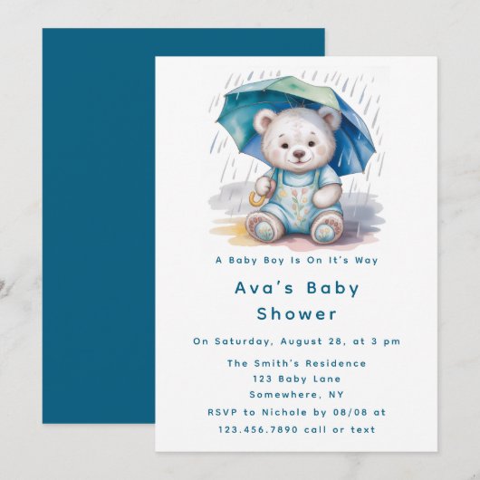 Cute Teddy Bear With Umbrella Boy Baby Shower 招待状 (正面/裏面)