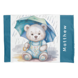 Cute Teddy Bear With Umbrella Boy Baby Shower Gift 枕カバー