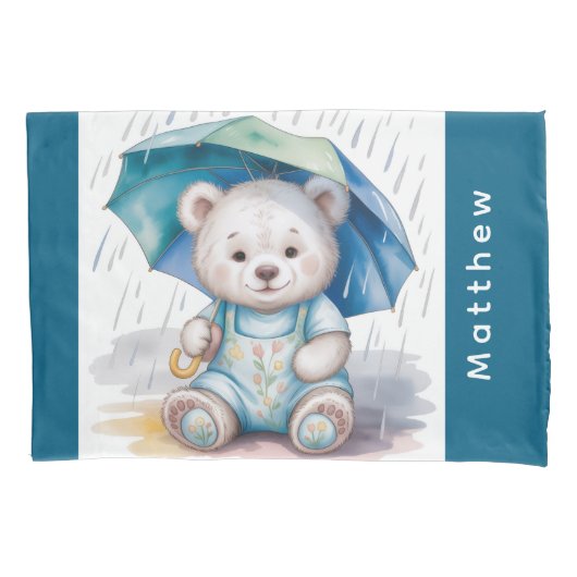 Cute Teddy Bear With Umbrella Boy Baby Shower Gift 枕カバー (正面)