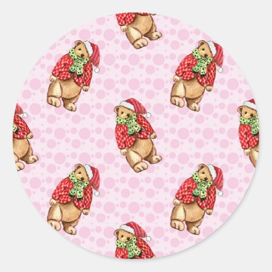 Cute teddy bears in santa hats and red coats – pin ラウンドシール (正面)