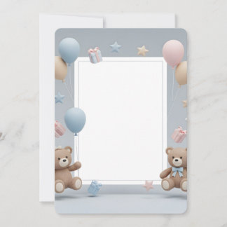 Cute Teddy Bears Photo Frame - Blue & Pink Baby 招待状