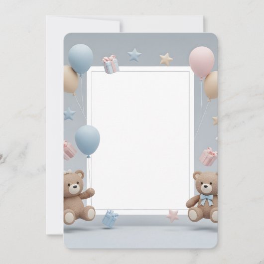 Cute Teddy Bears Photo Frame - Blue & Pink Baby 招待状 (正面)