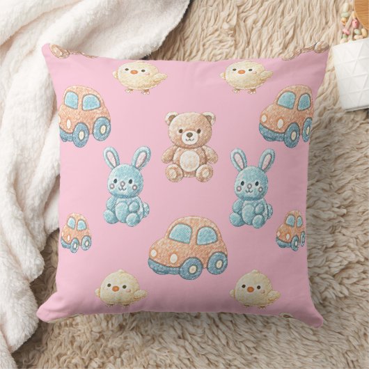 Cute Teddy & Bunny Kids Throw Pillow クッション (ブランケット)