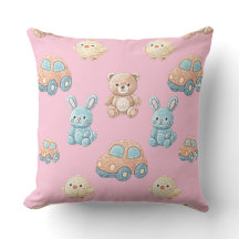 Cute Teddy & Bunny Kids Throw Pillow