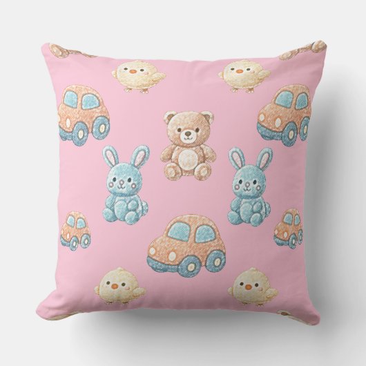 Cute Teddy & Bunny Kids Throw Pillow クッション (正面)