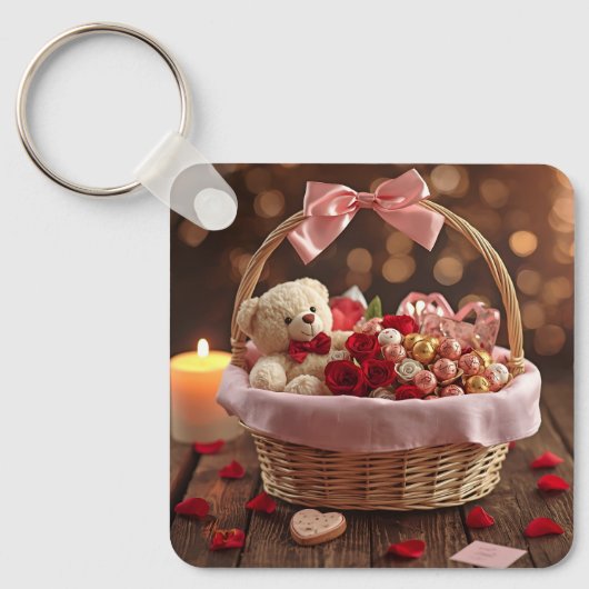 Cute Teddy Rose Basket Romantic Valentine Heart キーホルダー (正面)