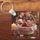 Cute Teddy Rose Basket Romantic Valentine Heart キーホルダー (正面)