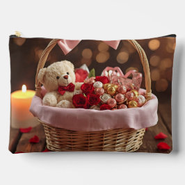 Cute Teddy Rose Basket Romantic Valentine Makeup アクセサリーポーチ
