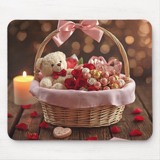 Cute Teddy Rose Basket Romantic Valentine Office マウスパッド (正面)