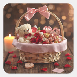 Cute Teddy Rose Basket Valentine Heart スクエアシール