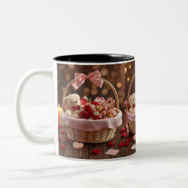 Cute Teddy Rose Basket Valentine Heart Handle Mug ツートーンマグカップ