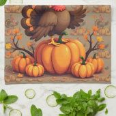 Cute Thanksgiving Turkey Autumn Pumpkins Scene キッチンタオル (折り畳み)