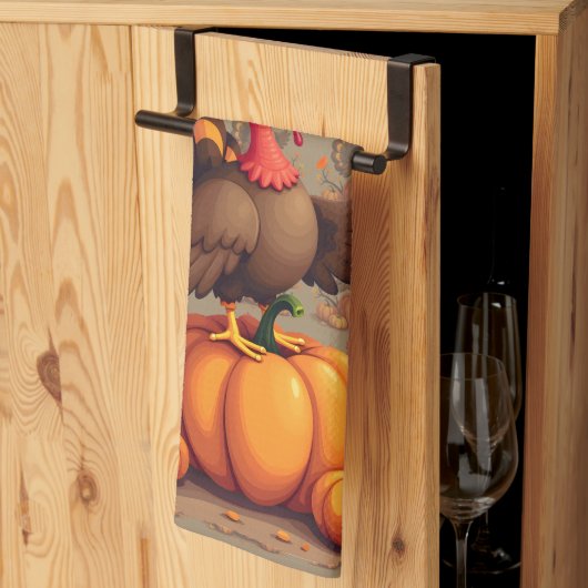 Cute Thanksgiving Turkey Autumn Pumpkins Scene キッチンタオル (三つ折り)